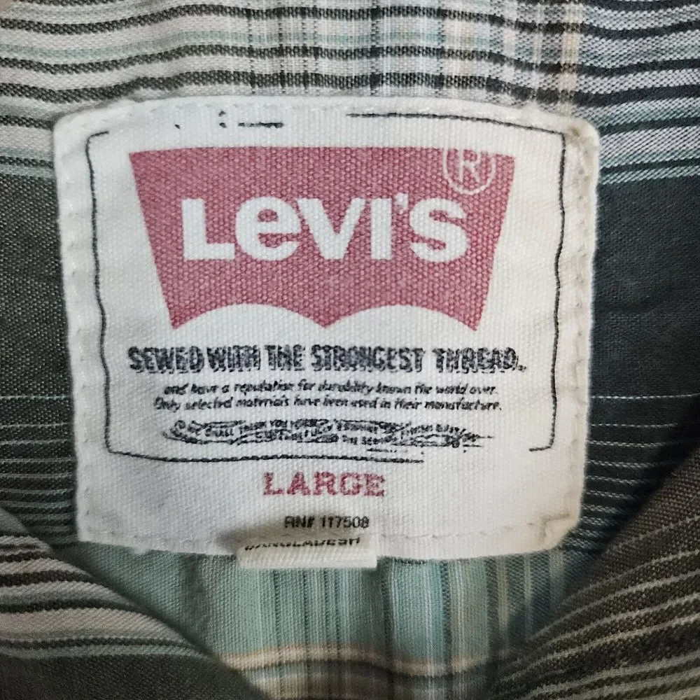 Levi's Green & Yellow Plaid‎ Pearl Snap Shirt Size Large Short Sleeves White Tab